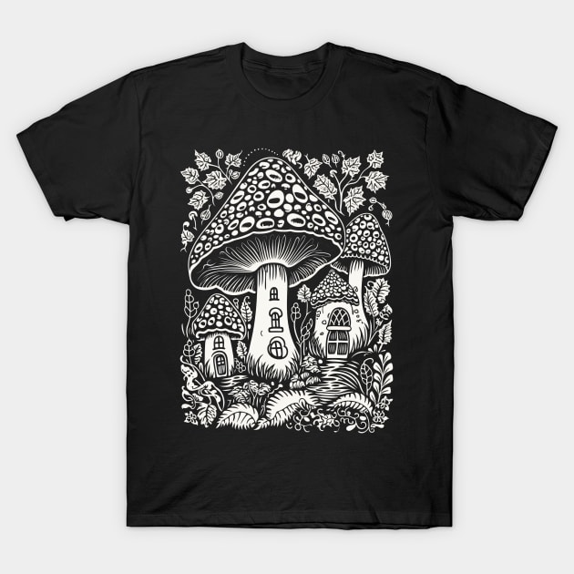 Mushroom House Village Forest Fantasy White Graphics T-Shirt by joannejgg